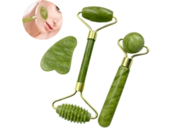 Jade Roller de 3 Peças Natural Jade Face Roller Jade Stone Roller Massager Jade Roller e Gua Sha Set Anti Aging Cold Therapy Beauty Slimming