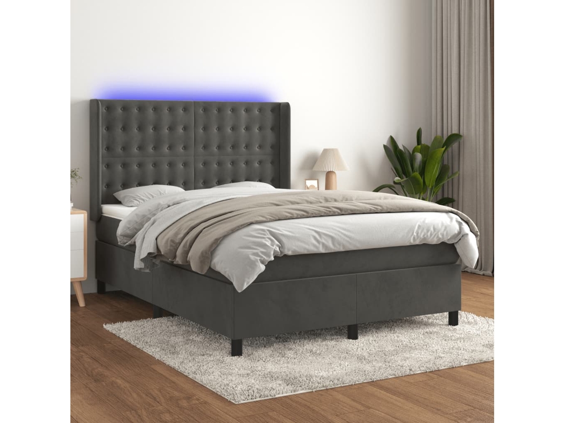 Vidaxl Cama Box Spring C/ Colchão/led 140x190cm Veludo Cinzento-escuro