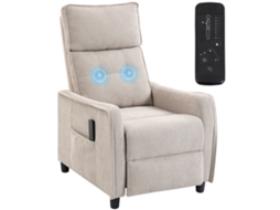 Poltrona De Massagem Reclinável Manual Em Tecido Com Efeito Linho E Controle Remoto. Cor Creme.