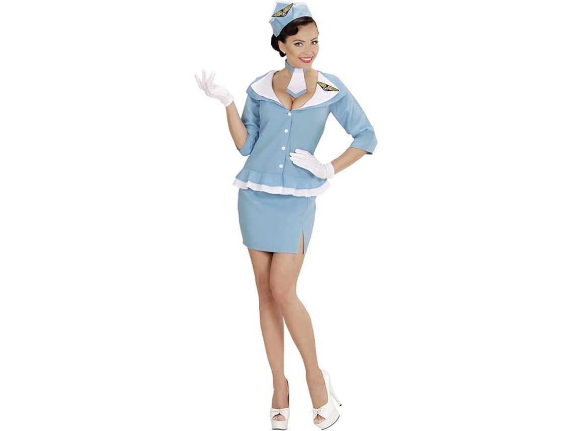 Fato de aeromoça azul com gravata para mulher