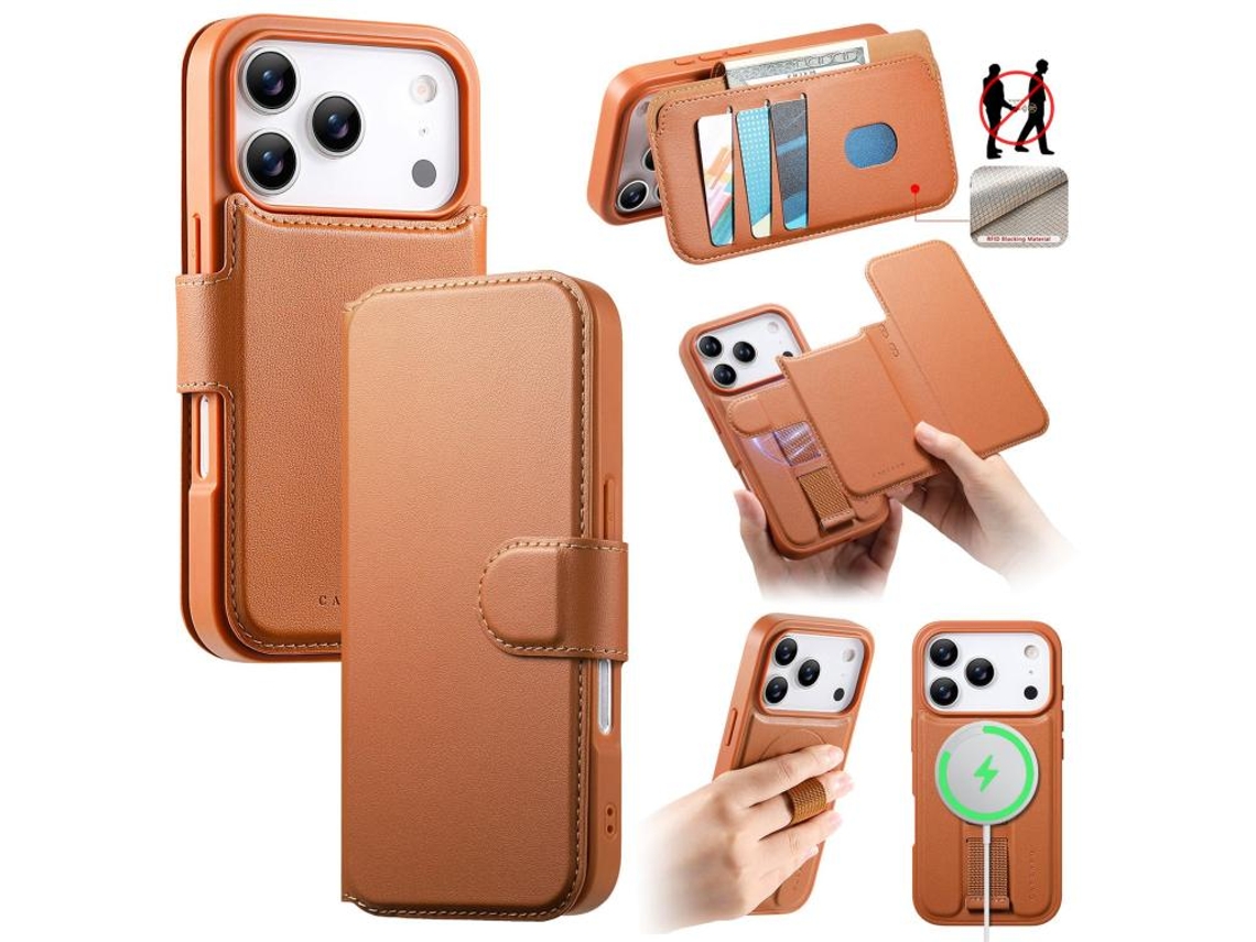 Capa Protetora De Couro Para Iphone 17 Pro Com Alça Neo Finger Grip E Magsafe.