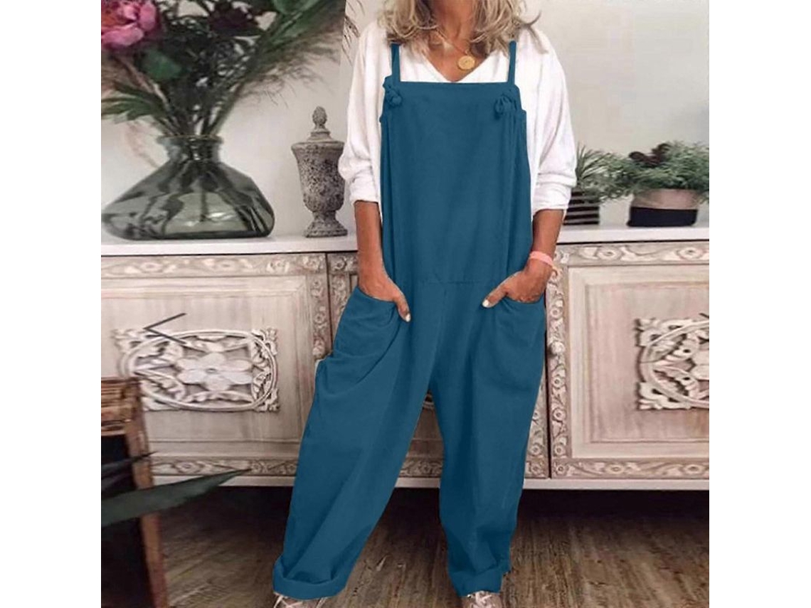 Macacão Casual Feminino Largo Em Algodão E Linho Com Bolso Design Baggy Romper Jumpsuit Azul
