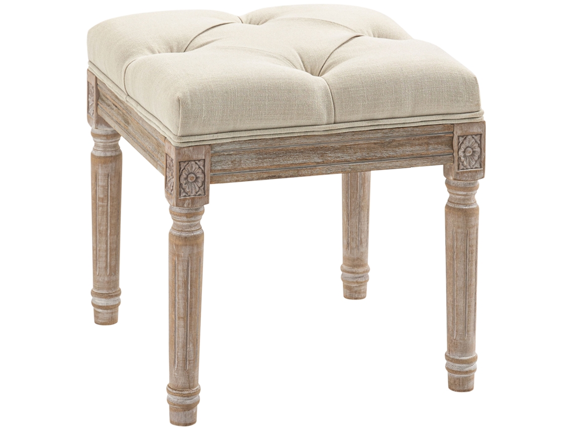 Banco Estilo Vintage Assento Capitonê Pés Madeira Esculpidos 40x40x43 Cm Bege