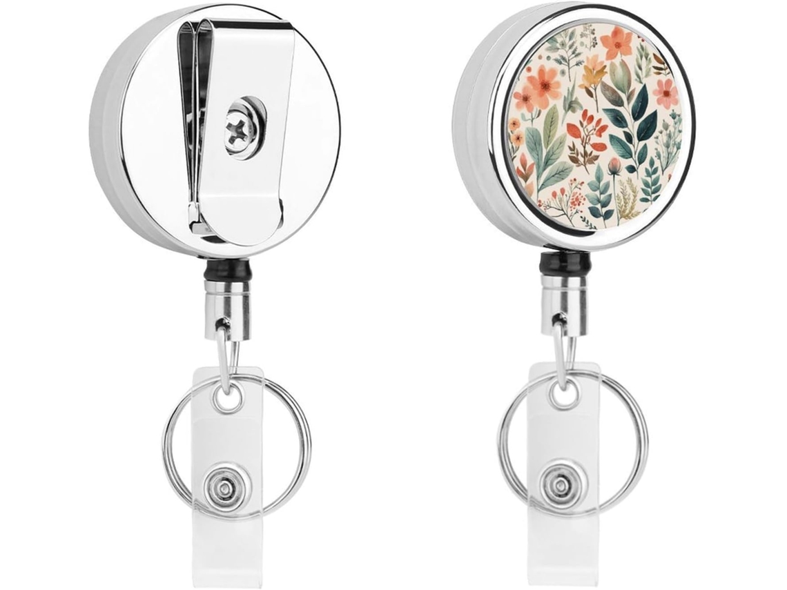 Porta Crachá Retrátil Com Estampa Floral Em Aquarela, Moderno E Durável, Em Metal, Com Cordão De Nylon De 68cm, Ideal