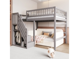 Cama Alta Em Madeira Maciça 140x200 Com Escada, Armário De Arrumação E Grade Alta, Cama Para Crianças E Jovens Cinzenta Mobrio