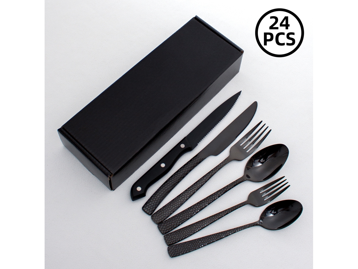 Conjunto De Talheres De Aço Inoxidável Martelado Com Cabo Quadrado (24 Peças - Preto), Resistente.