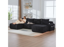 Sofá Modular De Veludo Cotelê Para 4 Lugares Com 2 Puffs, Combinável, Porta-copos, Bolsos Laterais, Cor Preta.