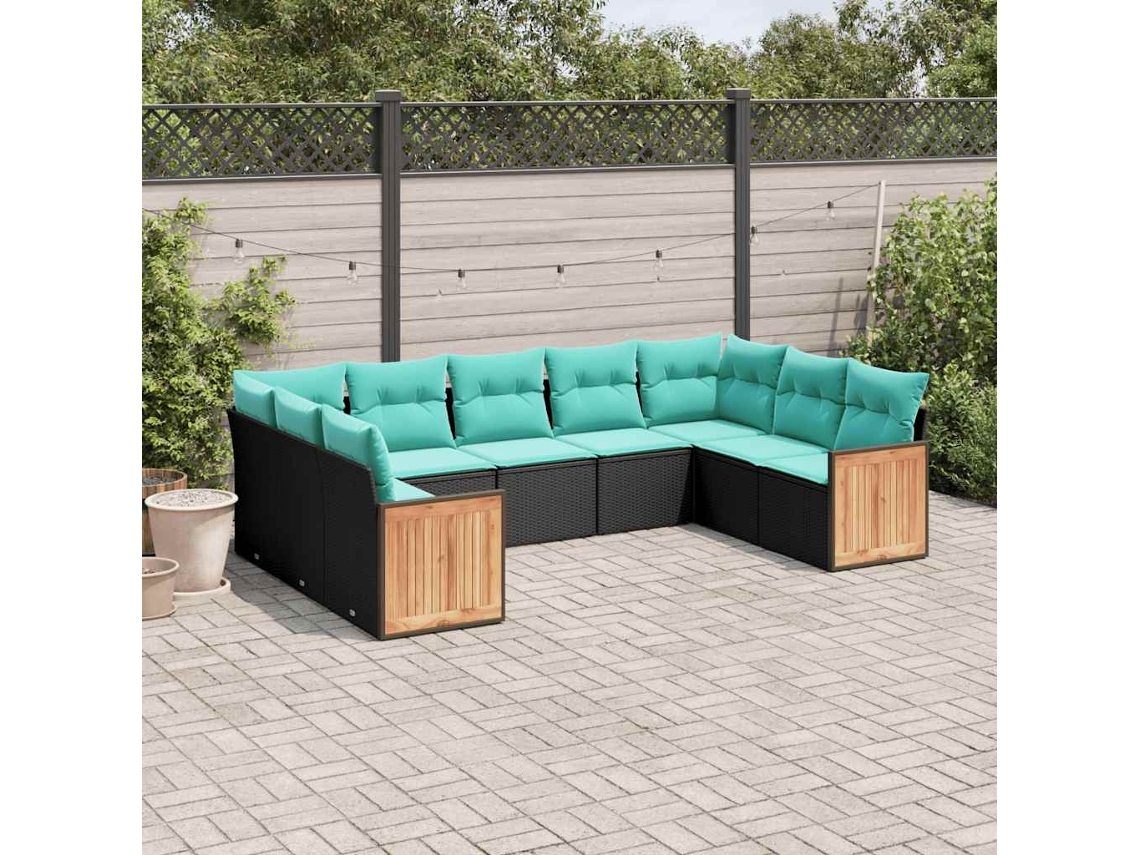 Vidaxl Conjunto De Sofá De Jardim De 9 Peças Com Almofadas Em Rattan Sintético Preto