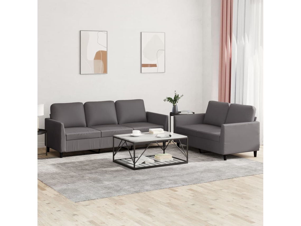 Vidaxl 2 Pcs Conjunto De Sofás C/ Almofadões Couro Artificial Cinzento