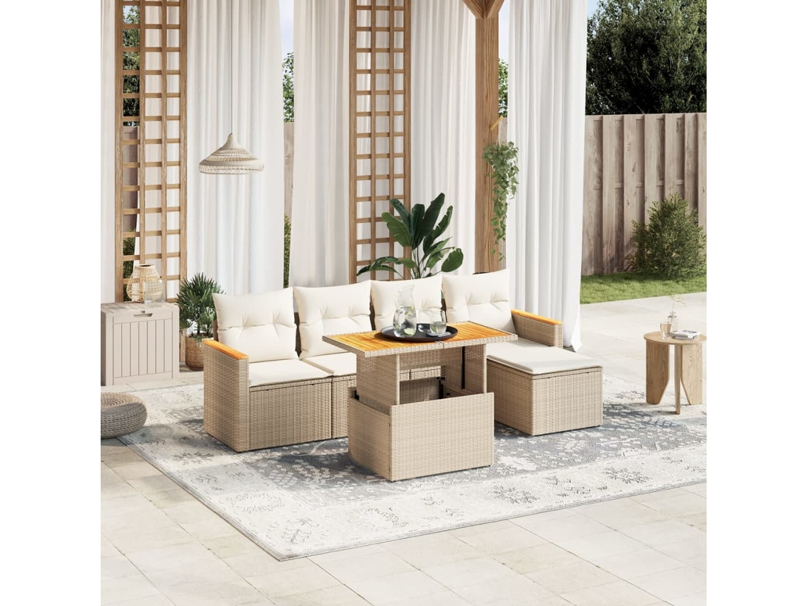Vidaxl 6 Pcs Conjunto De Sofás P/ Jardim Com Almofadões Vime Pe Bege