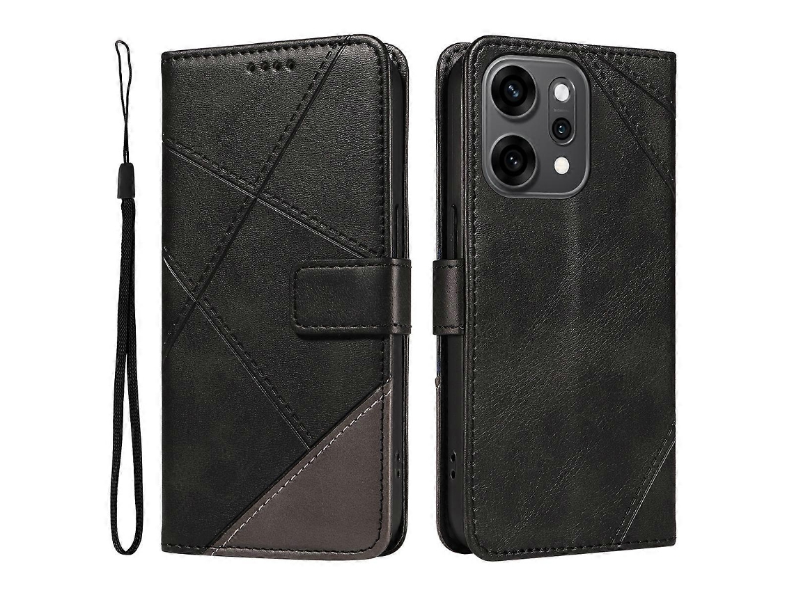 Capa De Couro Com Design De Linhas Geométricas E Alça De Pulso Preta Para Oppo Reno14 Pro 5g (china)