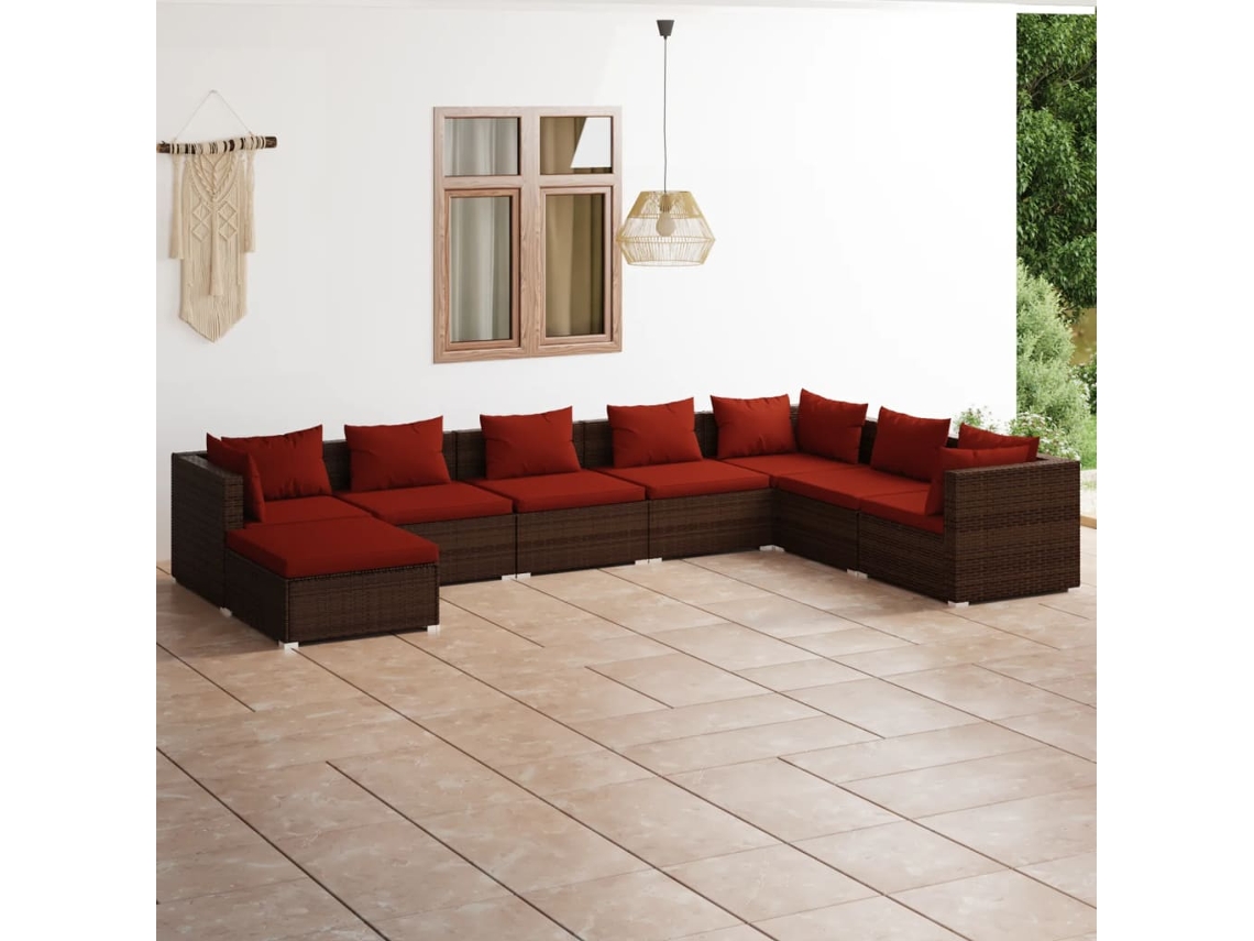 Vidaxl 8 Pcs Conjunto Lounge Jardim C/ Almofadões Vime Pe Castanho