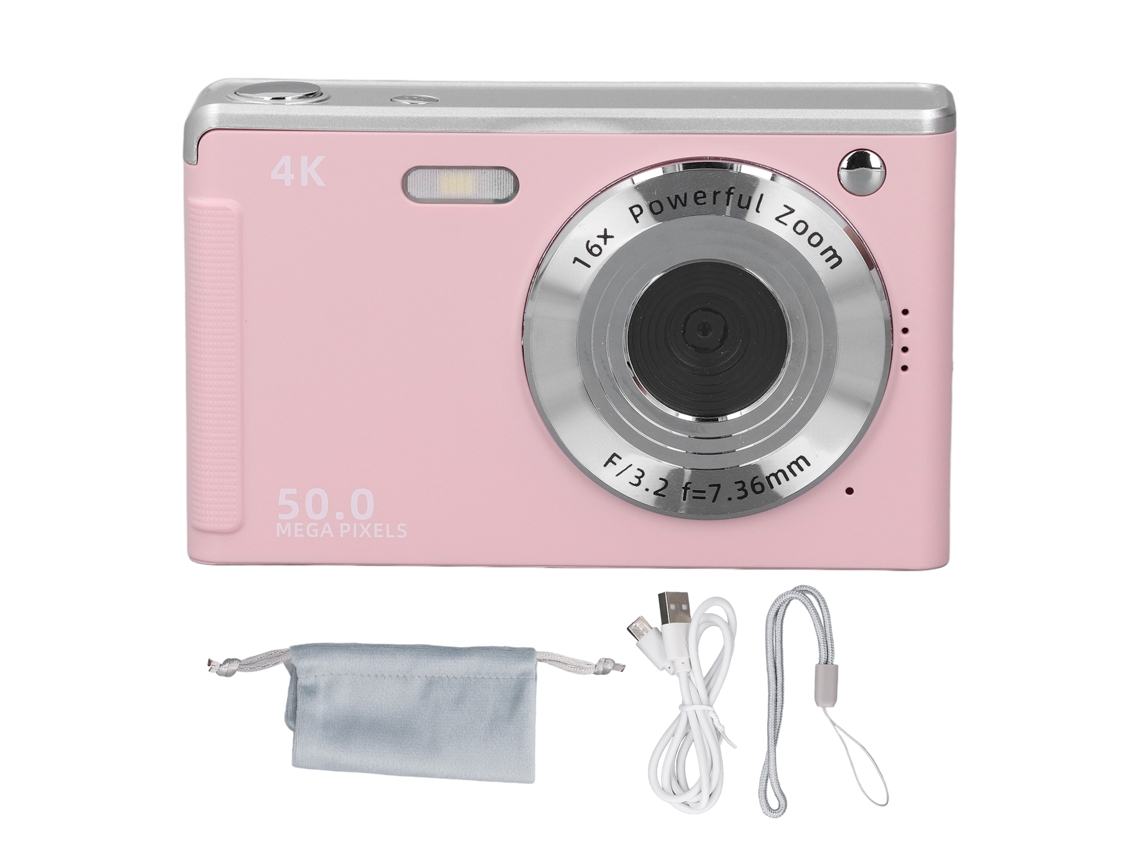Câmera Digital 4K com Zoom de 16x, Estabilizador de Imagem, 50MP, Foco Automático, Compacta e Luz de Preenchimento, Ideal para Meninos, Meninas, Crianças e Estudantes, Rosa - LAXISCREED