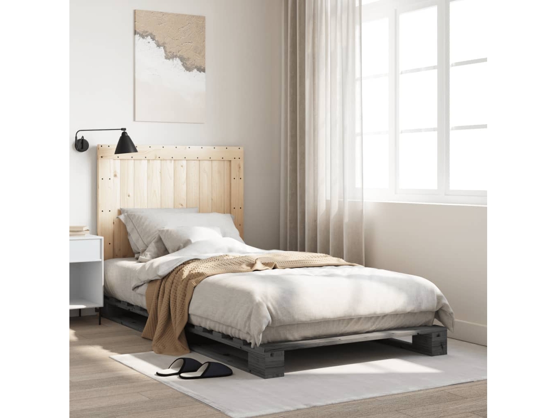 Vidaxl Estrutura De Cama Com Cabeceira 100x200cm Pinho Maciço Cinza