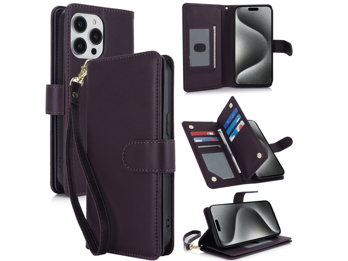 Capa Carteira De Couro Para Iphone 15 Pro Max - Com Rfid - Para Vários Cartões