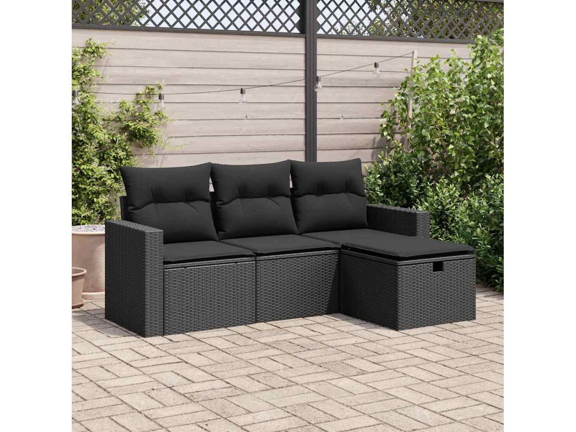 Vidaxl 4 Pcs Conjunto de Sofás para Jardim C/ Almofadões Vime Pe Preto