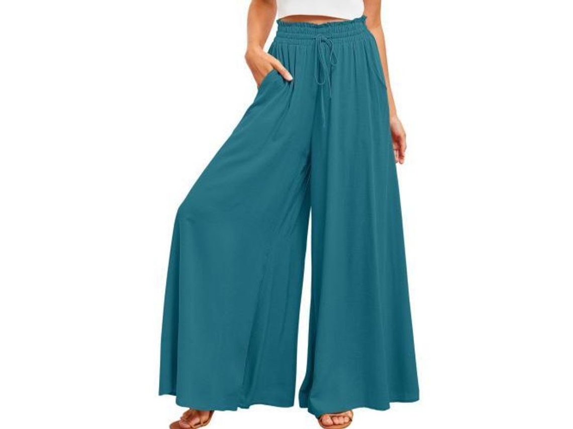 2026-pantalones Casuais Para Mulher Com Cintura Elástica E Perna Larga Com Bolsos Xxl Azul Escuro