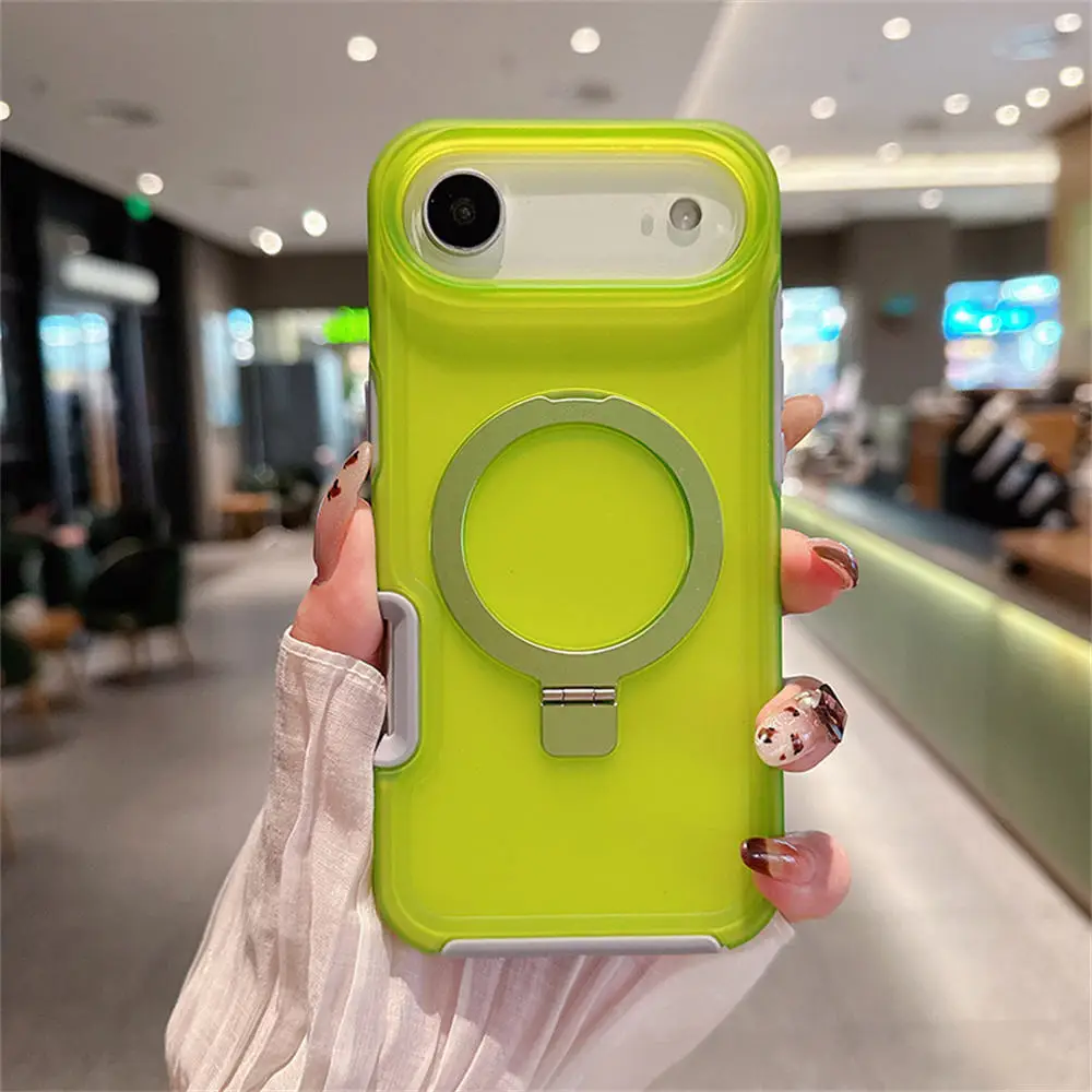 Capa Para Celular Com Suporte Magnético Em Anel (verde Fluorescente, Iphone 15 Pro), À Prova De Choque, Transparente Fosca, Em Pctpu.