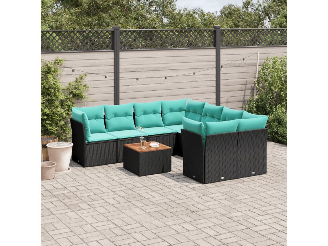 Vidaxl 9 Pcs Conjunto de Sofás P/ Jardim C/ Almofadões Vime Pe Preto