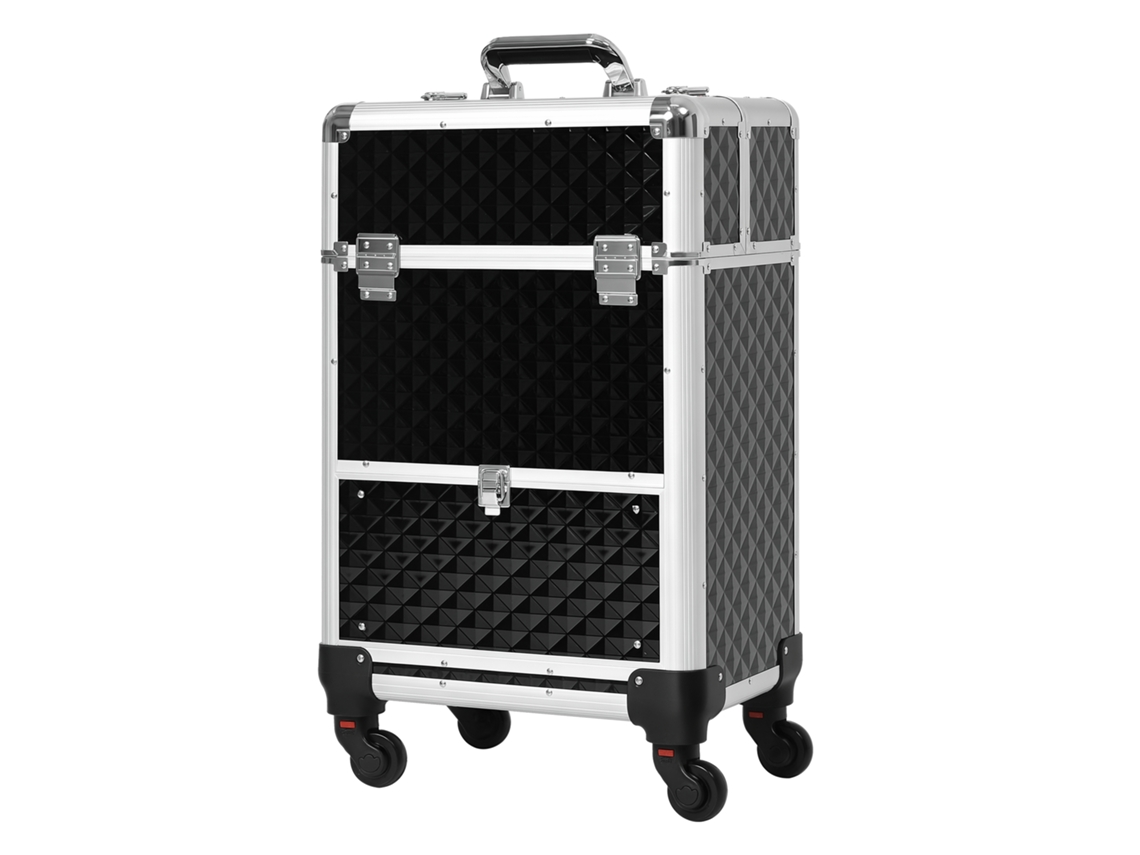 Mala de Viagem Trolley Maquiagem Maleta Cosmética Vanity com Alça Telescópica Ajustável 34lx25lx62hcm Alumínio Preto BTFORUS