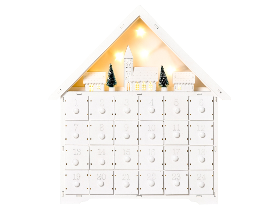 Calendário De Advento De Natal Madeira Com 24 Gavetas E Luzes Led Decoração De Modelo Casinha 39x9x42cm Branco