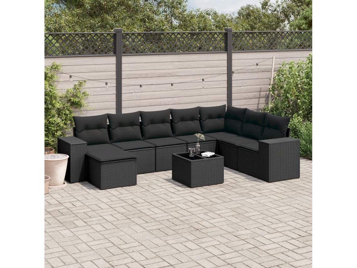 9 Pcs Conjunto De Sofás P/ Jardim C/ Almofadões Vime Pe Preto Dkd Home Decor