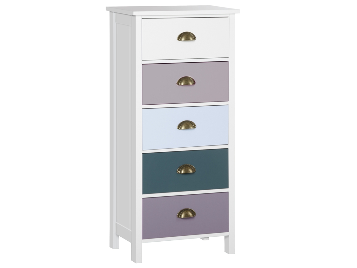 Cômoda com 5 Gavetas Multicoloridas e Puxadores Metálicos, em Mdf Dimensões: 45 Cm X 30 (largura) X 95,4 (altura) (comprimento)