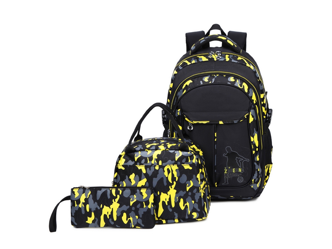 Mochila De Estudante De Três Peças Com Estampa Camuflada, Preta E Amarela, 19 Polegadas