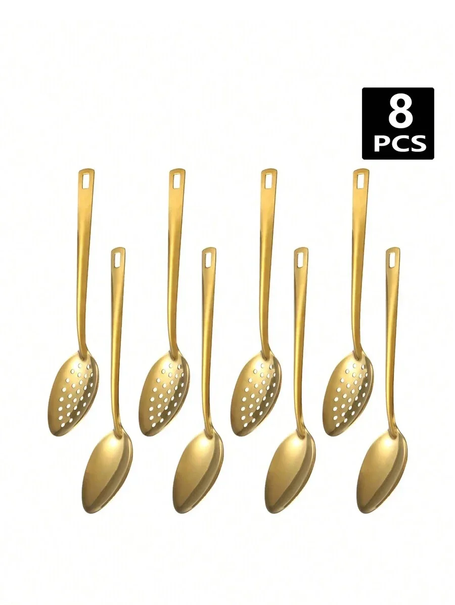 Conjunto De Panelas De Aço Inoxidável (8 Peças Douradas), Incluindo Um Escorredor Huajin Premium, Adequado Para Uso Familiar E Em Ocasiões Especiais.