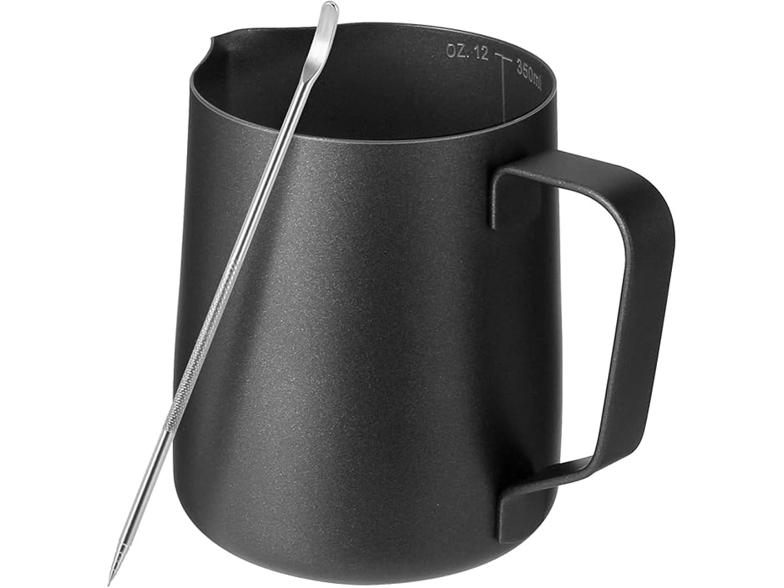 Jarra para Leite com Caneta para Latte Art de 350ml, Revestimento Interno de Teflon Preto, Aco Inox 304, Acessorio de Barista ZYBLSSBB