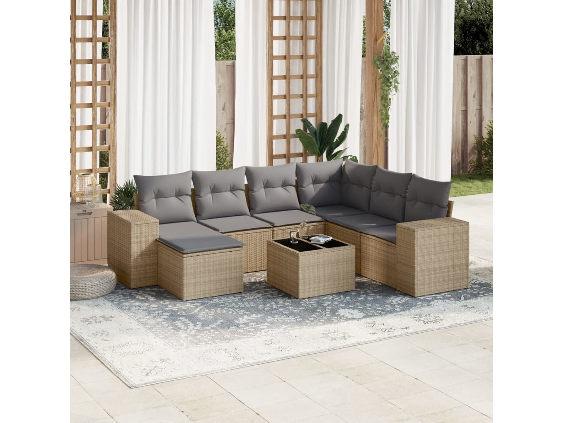 Vidaxl 8 Pcs Conjunto De Sofás P/ Jardim Com Almofadões Vime Pe Bege