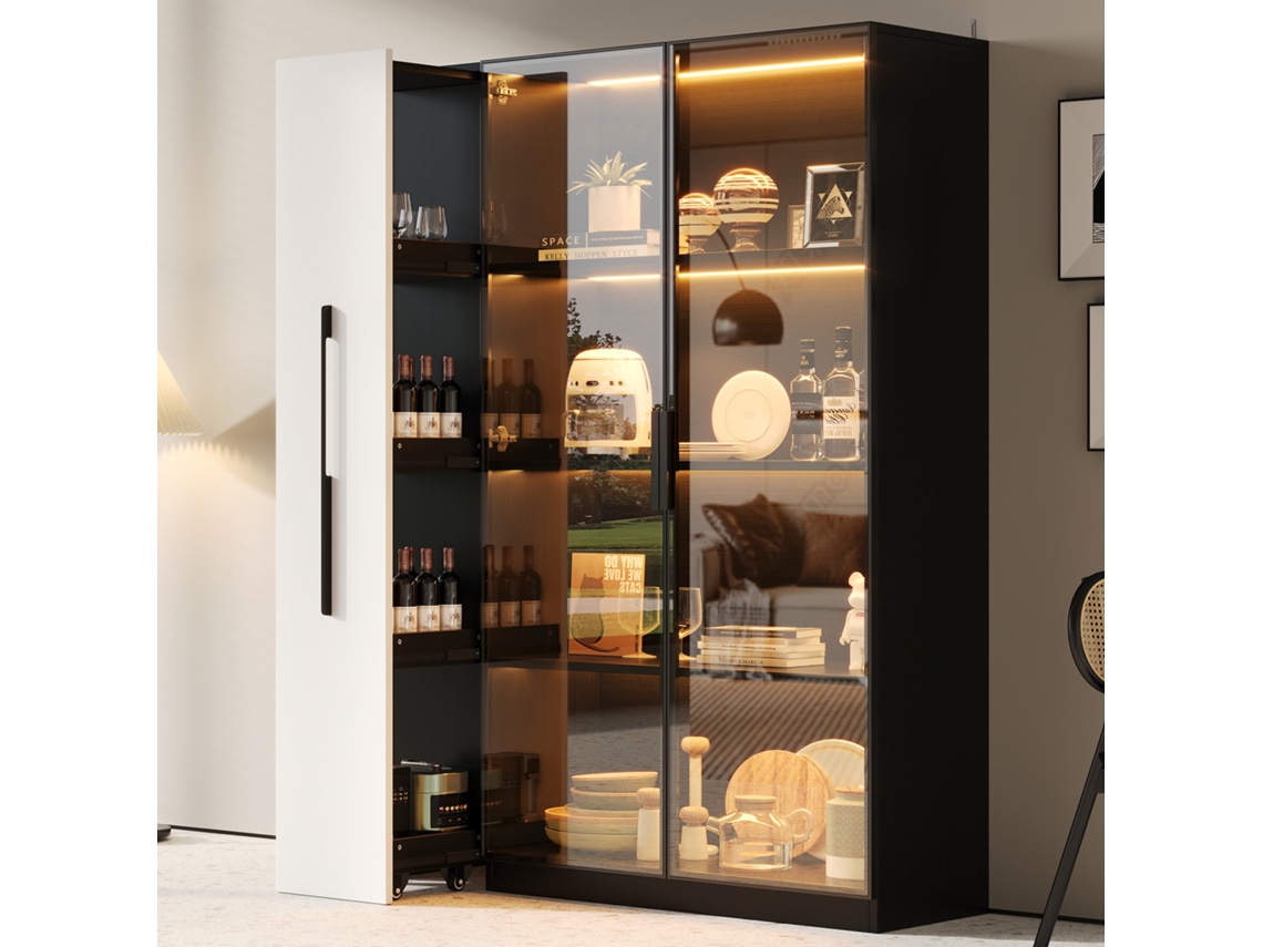 Armário Multifuncional 110,5x35x160cm, Vitrine Vidro Led, Retrátil, Branco+preto, Moderno Cs