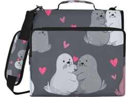 Pasta Divertida com 3 Argolas e Estampa de Focas do Nilo, Bolsos Extras, Alça Mão Ombro Removível. Impermeável