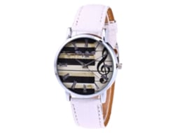 Relógio de quartzo com pulseira de couro PU, mostrador redondo moderno para mulheres e homens, branco.