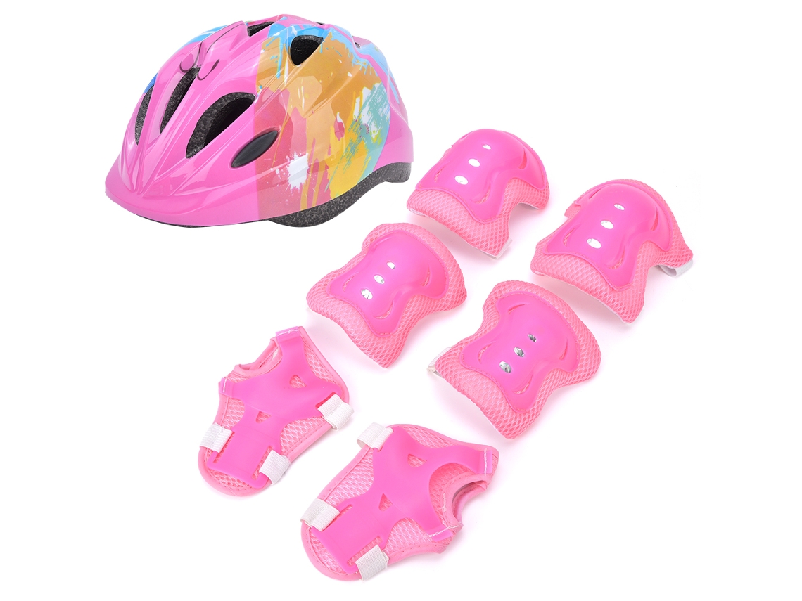 Conjunto De Equipamento De Proteção Para Crianças 7 Peças Capacete Joelheira Cotoveleira Punho Para Patinação E Ciclismo Rosa Colorido
