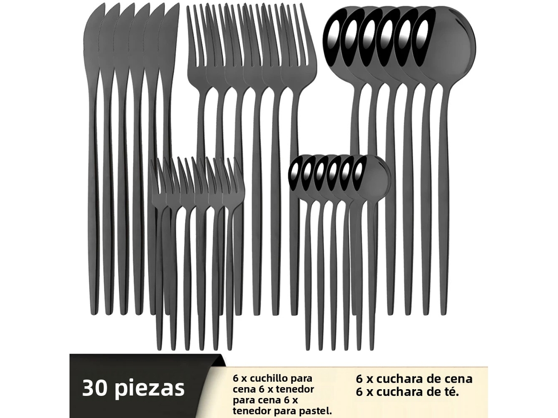 Conjunto de Talheres de Aço Inoxidável com 30 Peças: Faca, Garfo, Colher, Talheres e Utensílios de Prata. MDUG (preto)