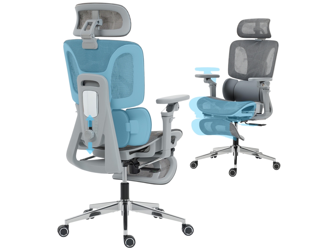 Cadeira De Escritório Ergonómica Em Rede Cinza, Braços 6d, Apoio De Cabeça E Profundidade De Assento Reguláveis