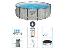 Piscina BESTWAY Round Steel Pro Max Impressão em Pedra 427 X 122 Cm Incluindo Bomba Escada Cobertura Acessórios Cb32