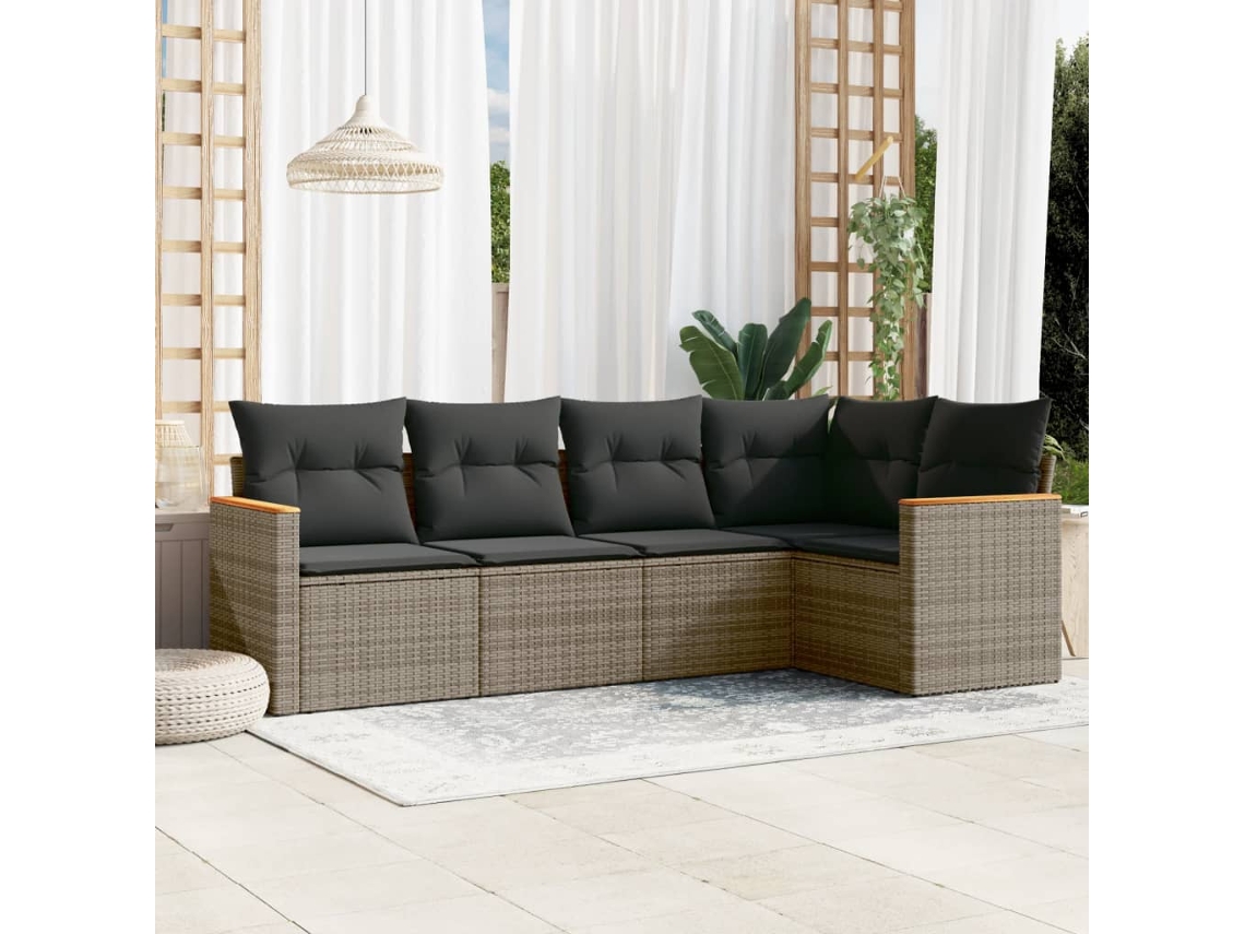 Jogo de Sofá Jardim 5 Peças C/ Almofadões Vime Pe Cinza Dkd Home Decor
