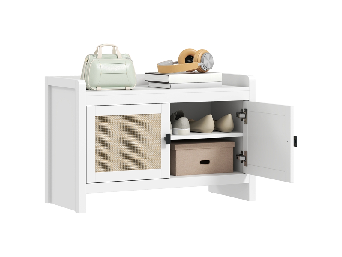 Banco para sapatos com portas frontais em rattan e prateleira retrátil para hall de entrada ou quarto, 80x35x52 cm, branco e bege.
