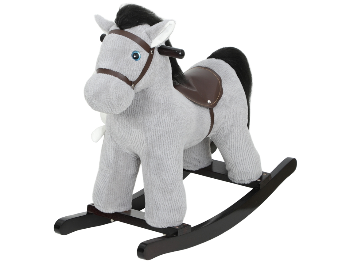 Cavalo de baloiço infantil de pelúcia com coruja e boneca sonora 71x26x55 cm cinza S/MARCA