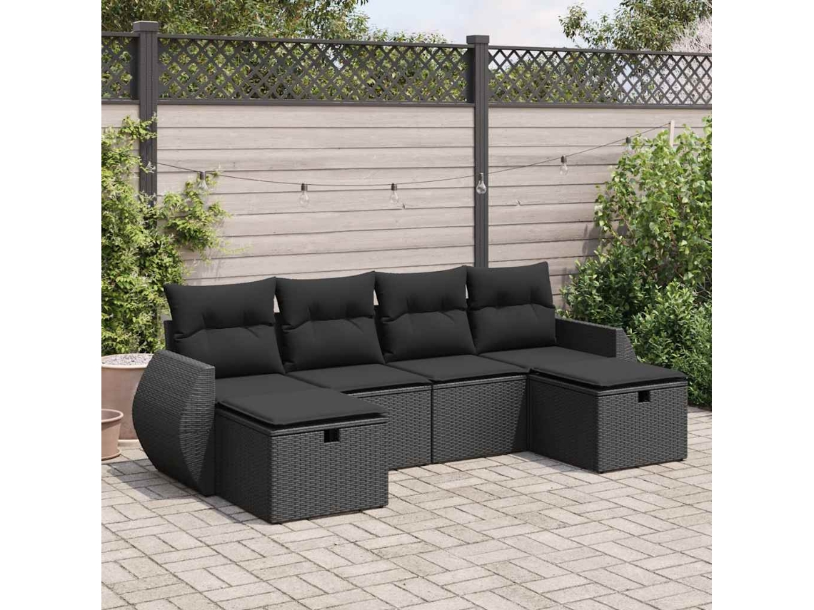 Vidaxl 6 Pcs Conjunto Sofás De Jardim C/ Almofadões Vime Pe Preto