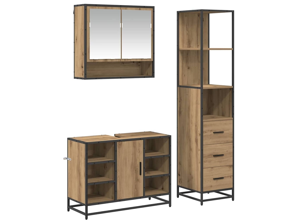 Conjunto de Móveis para Banheiro 3 Pcs Carvalho Artesanal