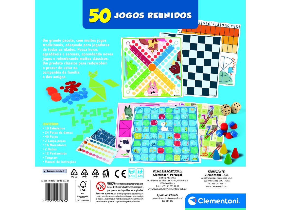 Jogo de Tabuleiro CLEMENTONI Party Games: 50 Jogos Reunidos (Idade Mínima:  4 Anos - Dificuldade: Baixa)