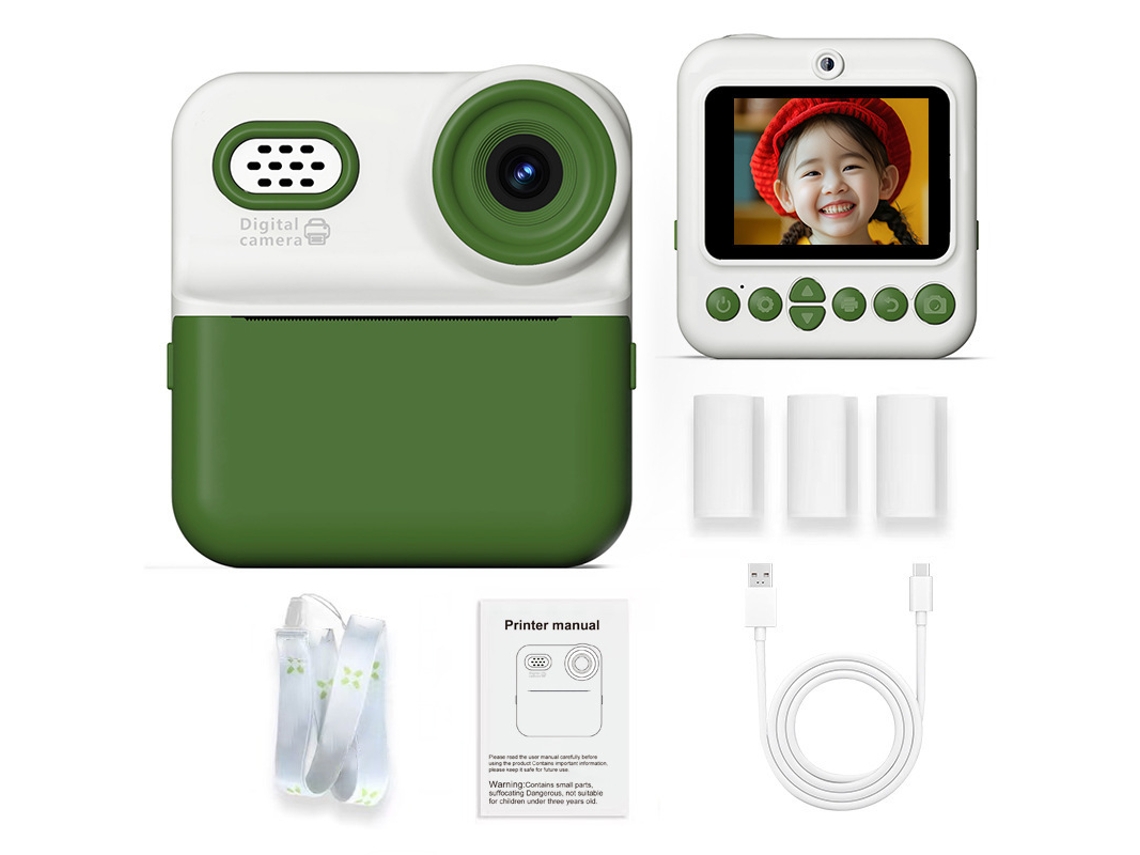 Câmara De Impressão Instantânea Para Crianças Com Dupla Câmara Hd, Imprime Cor Única Com 4 Rolos De Papel 64gb Verde