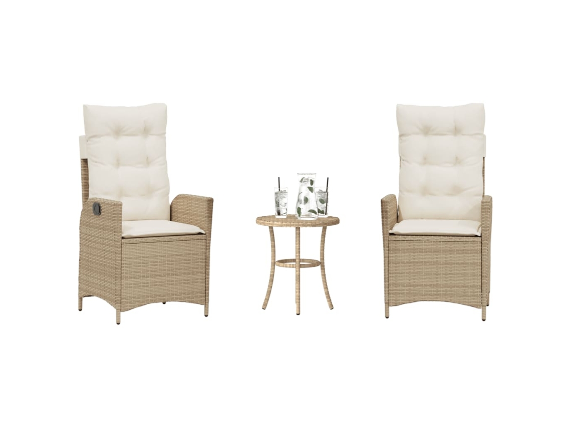 Vidaxl 3 Pcs Conjunto Bistrô Com Almofadões Vime Pe Bege