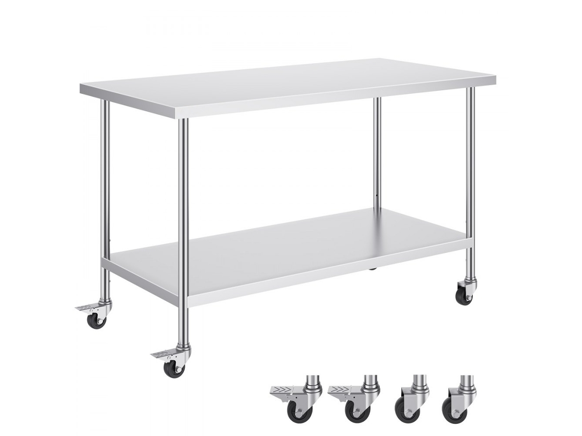 Mesa De Trabalho Inox Profissional Regulável Com Rodas E Prateleira Tekmaquinas
