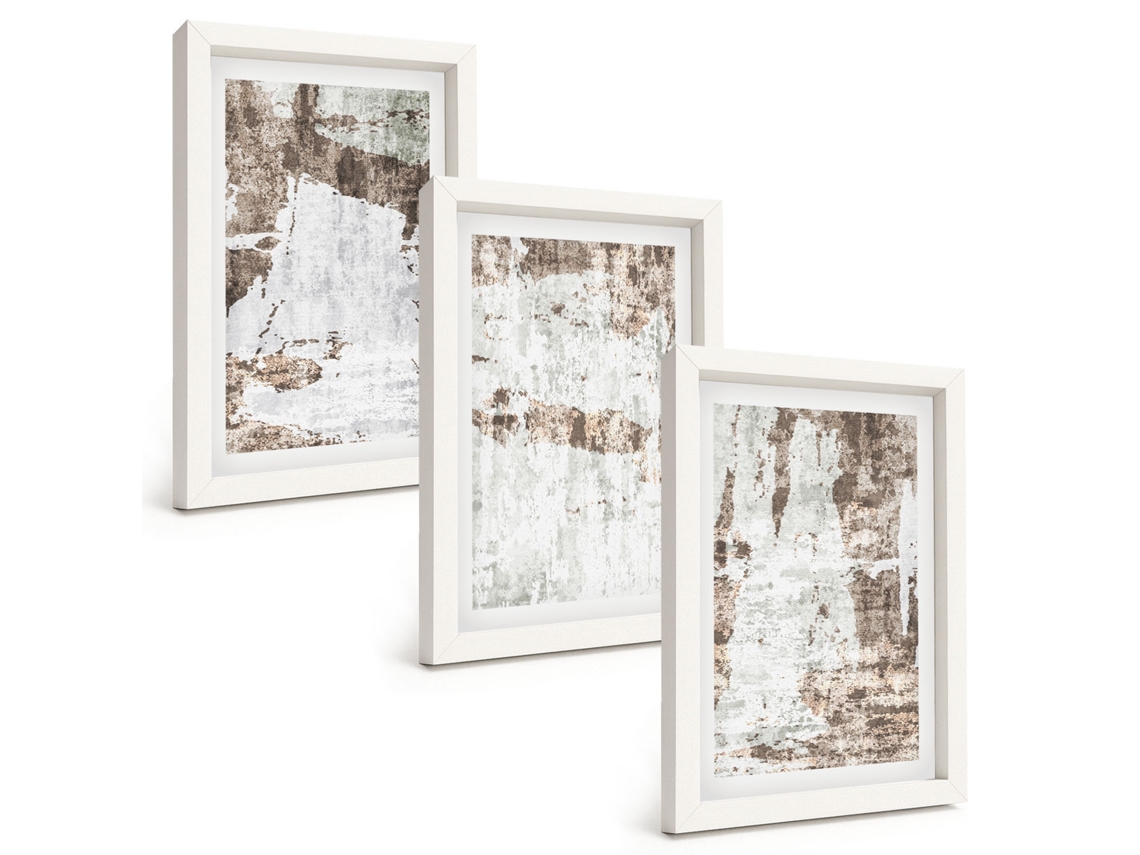 Composição De Quadros Na Parede Padrões Abstratos Em Branco E Marrom Moldura Branca Quadros Para A Sala De Estar Espelharte (3 Peças 20x30 Cm)