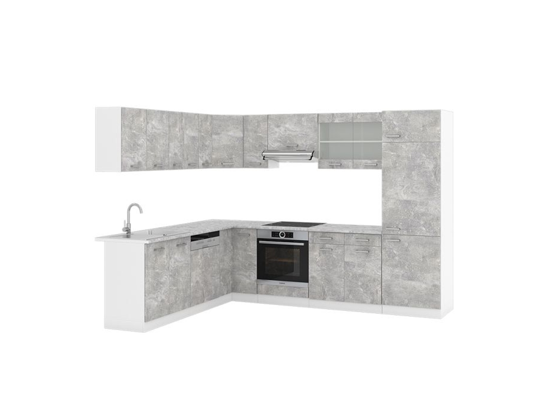 Cozinha de canto R-Line, 227 x 287 cm, PT Mármore, Concreto, Vicco