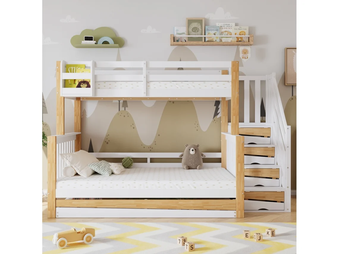 Beliche Infantil 90x200/120x200 Cm Com Grade De Segurança, 3 Posições Para Dormir, Cama Auxiliar, Porta Decorativa, Escada De Canto, Branco Natural